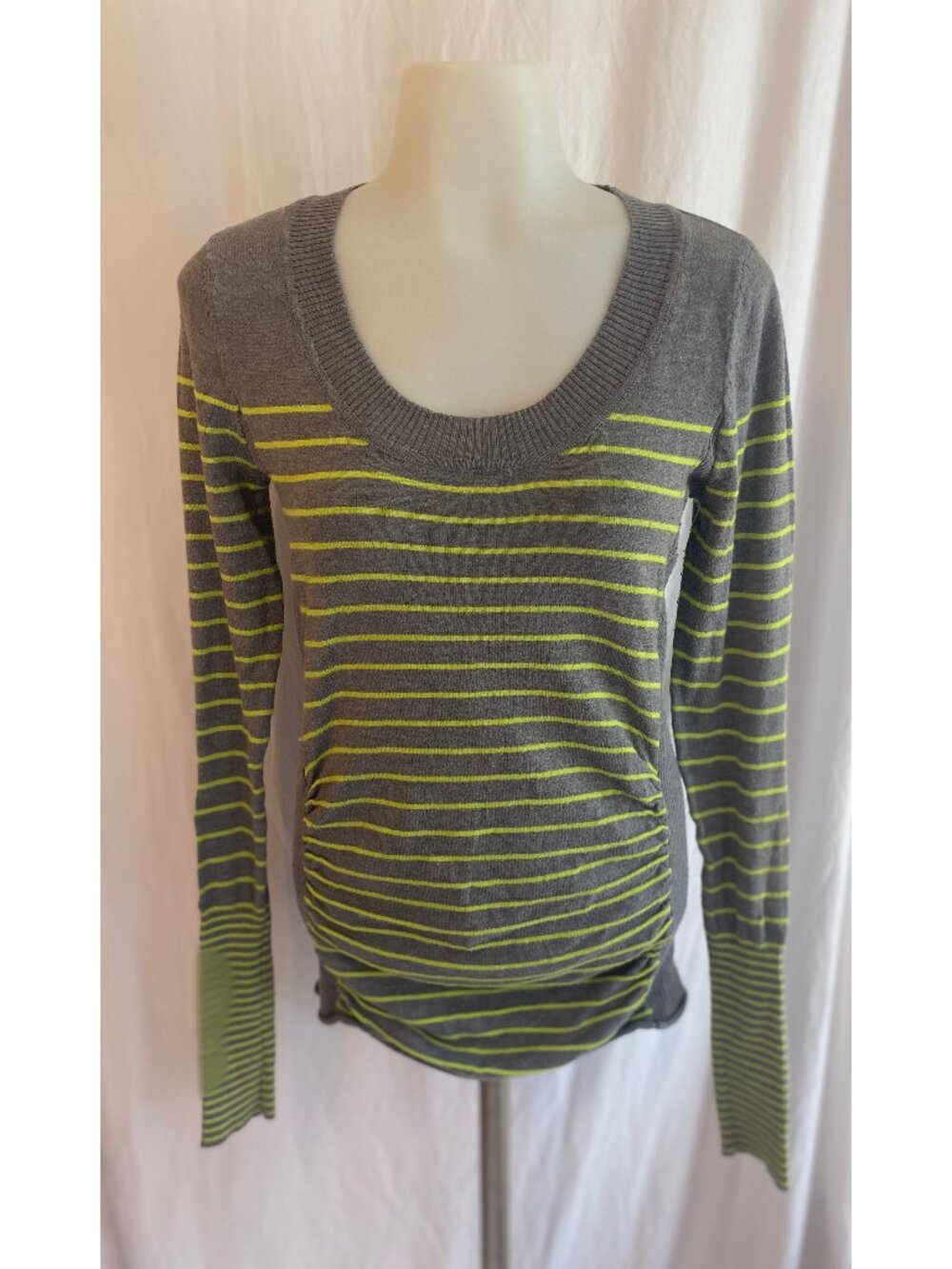 Takeout Gray And Lime Green Striped Long Sleeve Lightweight Sweater